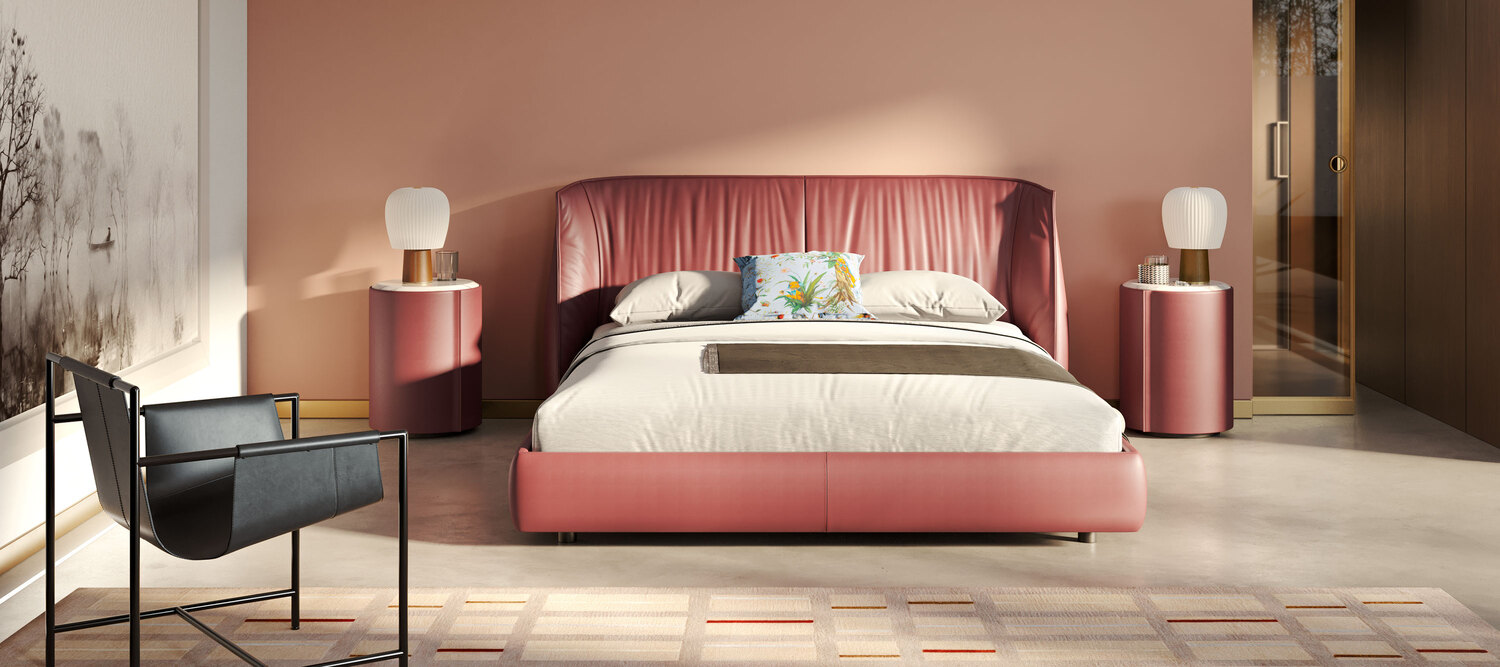 Archibald | Bed Archibald bed by Poltrona Frau, with leather headboard and handcrafted wooden frame, refined Italian design.