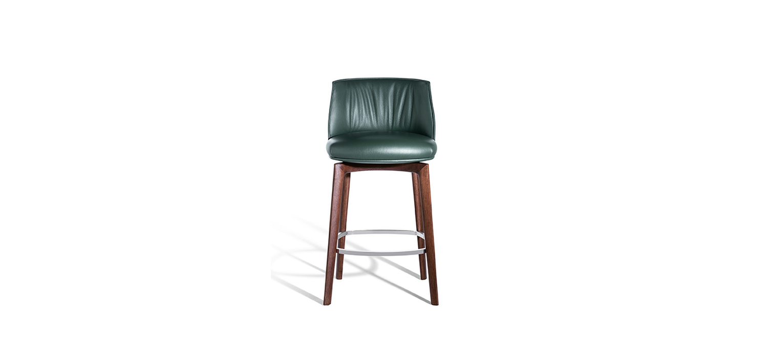 Archibald | Stool with wood base Archibald stool with natural wood base and leather seat, refined Italian design.