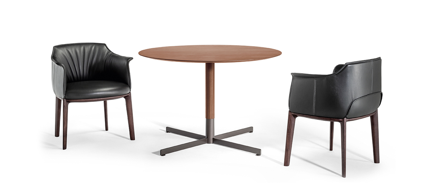 Bob Bistrot | Round small table Bob Bistrot round small table by Poltrona Frau, Jean-Marie Massaud design with signature cross-shaped base in burnished steel, sophisticated material combinations including Fenix NTM® or Calacatta gold marble top
