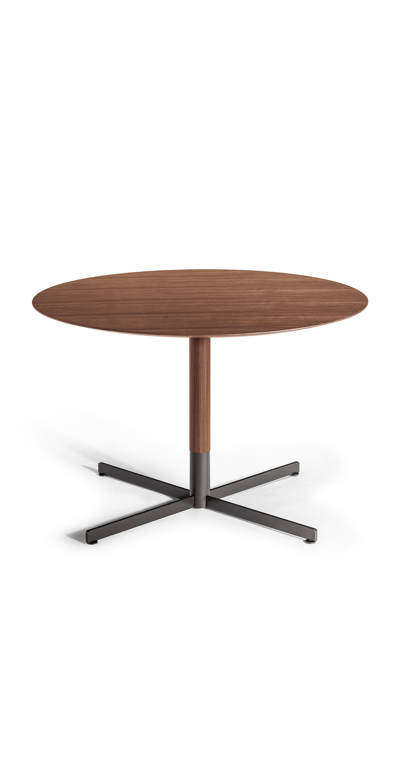 Bob Bistrot | Round small table Bob Bistrot round small table by Poltrona Frau, Jean-Marie Massaud design with signature cross-shaped base in burnished steel, sophisticated material combinations including Fenix NTM® or Calacatta gold marble top