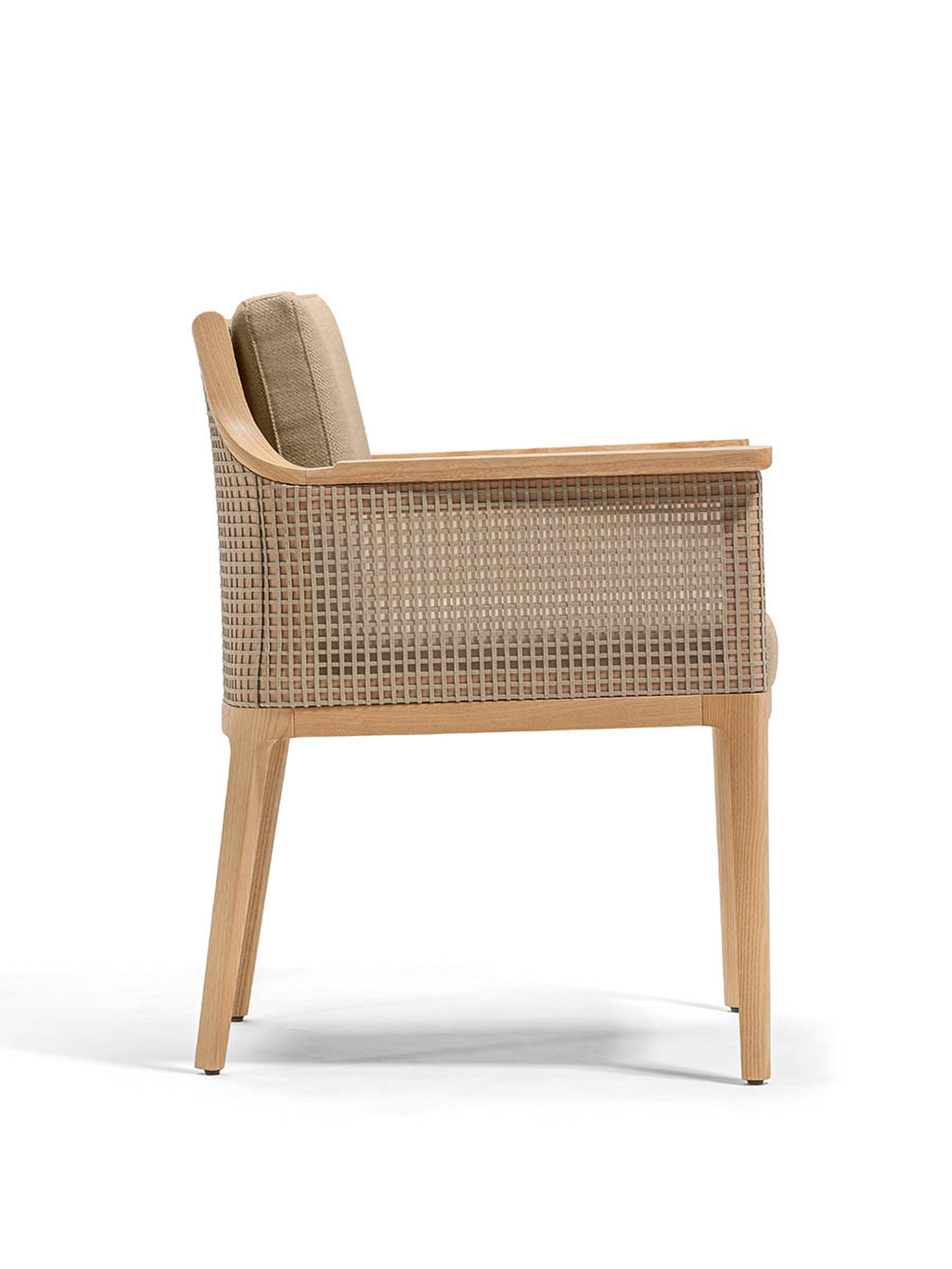 Poltrona Frau Carrephilia armchair in beige fabric with wooden frame.