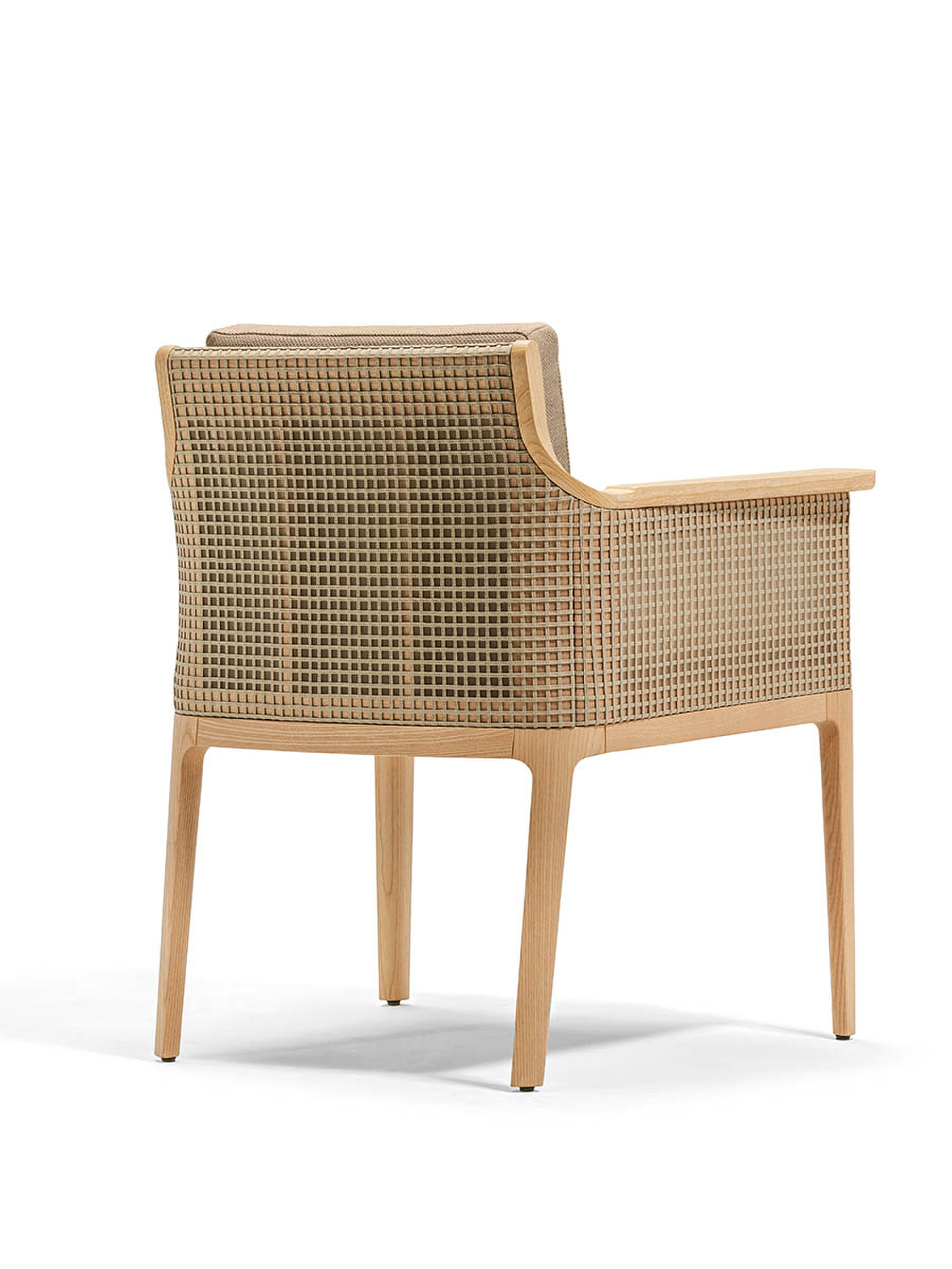 Poltrona Frau Carrephilia armchair in beige fabric with wooden frame.