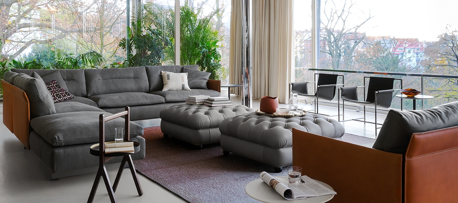 Chester One ottoman by Poltrona Frau with Pelle Frau® leather, artisanal capitonné, hand-shaped horsehair padding and beechwood frame, Italian luxury craftsmanship