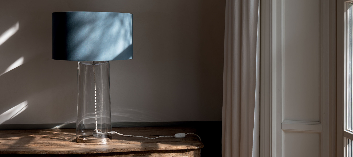 Dido | Lamp Dido lamp by Poltrona Frau, with handcrafted transparent glass base and fabric shade, Italian design by Jean-Marie Massaud.