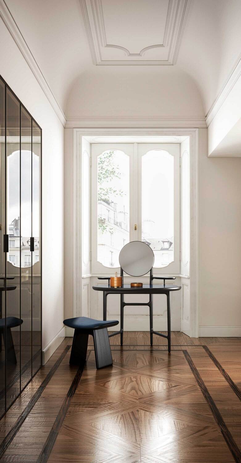 DUO vanity table by Poltrona Frau, in wood and leather, elegant and functional design for refined settings