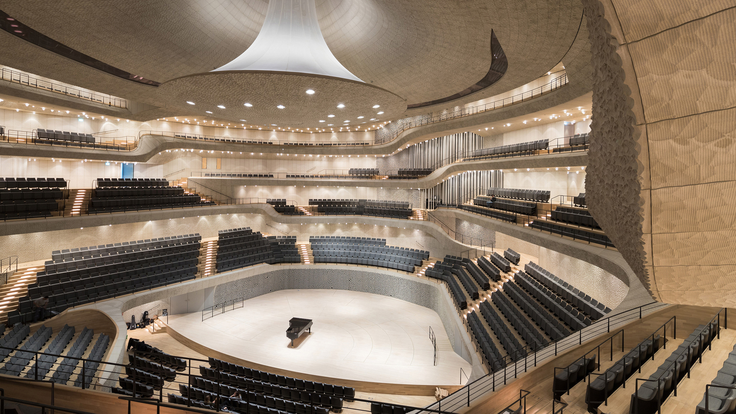 Interiors of Hamburg’s Elbphilharmonie, with 2,100 Ham seats by Poltrona Frau in leather, Italian design tailored for perfect acoustics