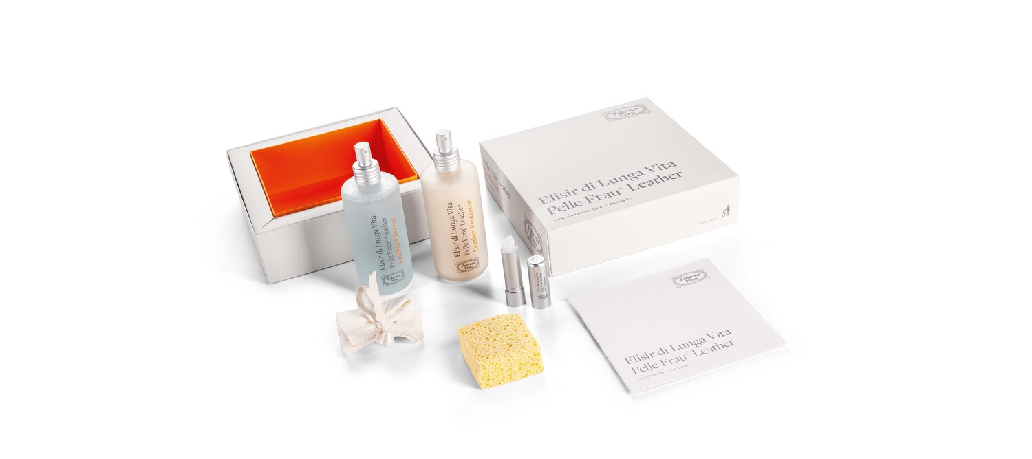Gli Oggetti | Elisir Bottles Kit Elisir di Lunga Vita Bottles Kit by Poltrona Frau, complete leather care set with cleaner, protector with emollient anti-aging agents, ink remover and accessories to keep Pelle Frau® beautiful and soft
