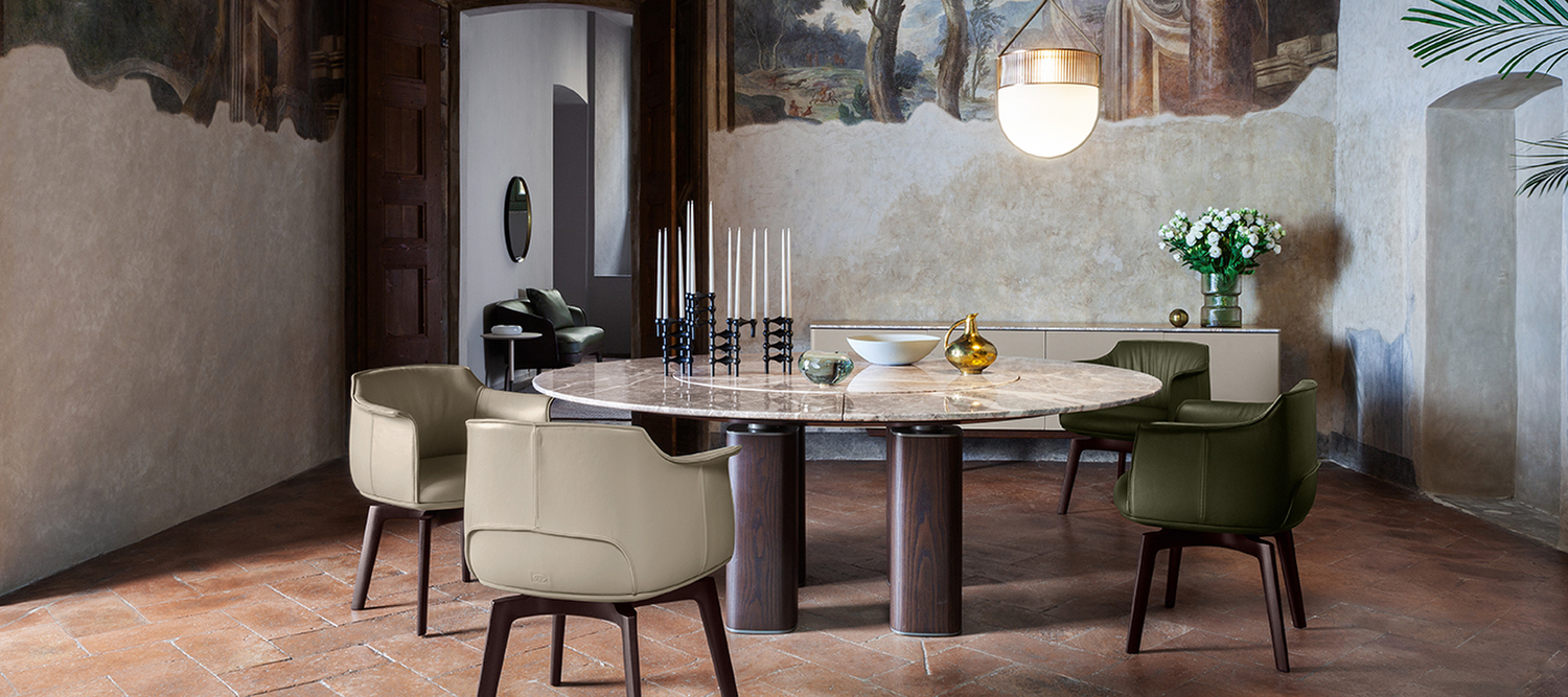 Jane | Tavolo rotondo con Lazy Susan Tavolo Jane rotondo Poltrona Frau con Lazy Susan, top in marmo Calacatta Oro, Emperador o Fior di Pesco, design di lusso italiano
