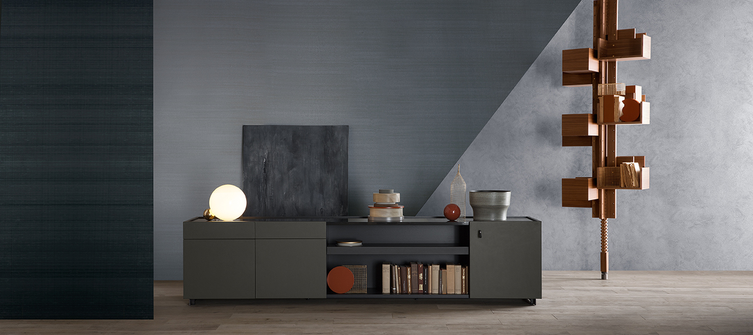 Jobs | Cabinet Jobs High Cabinet by Poltrona Frau, bookcase and storage in Lead Oak and Pelle Frau® leather, Italian luxury design and craftsmanship