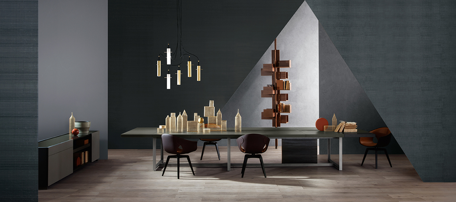 Jobs | Table de réunion Jobs Meeting Table Poltrona Frau, table de réunion rectangulaire en chêne Piombo et cuir Pelle Frau®, design de luxe italien