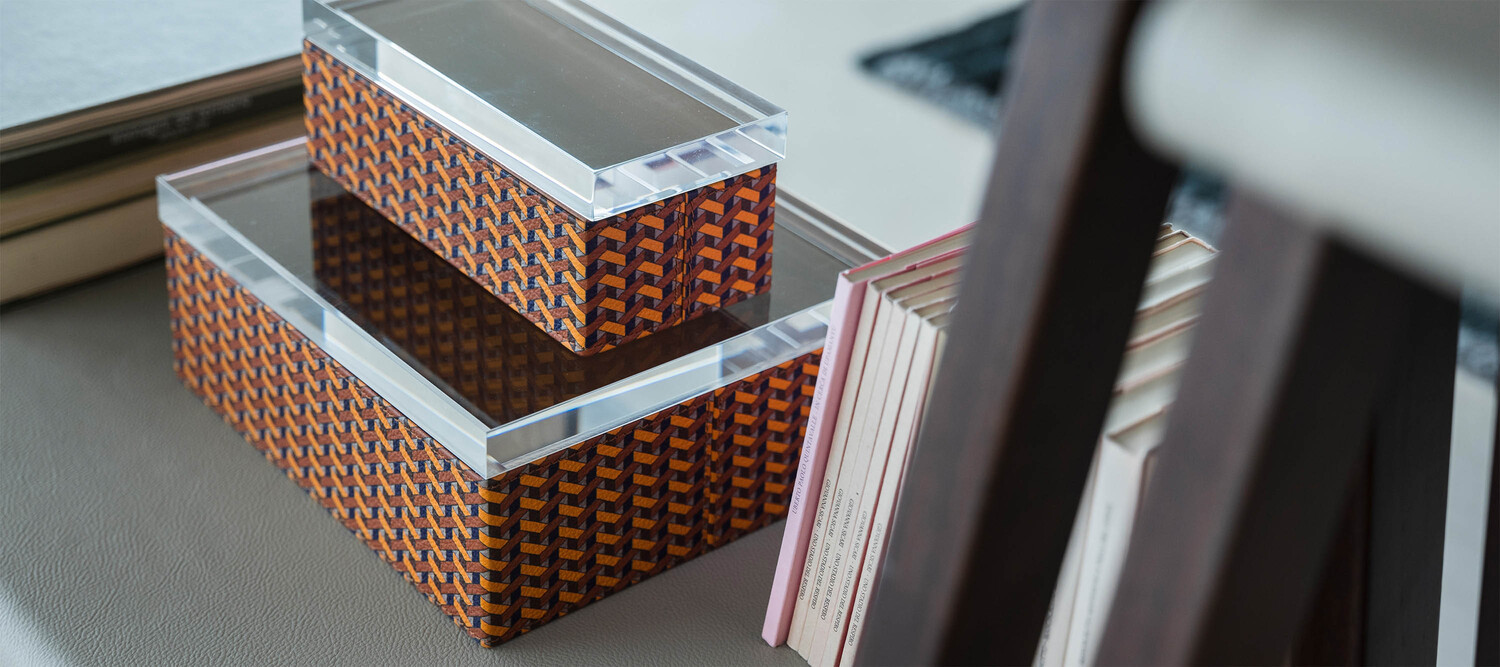 Leather Case by Poltrona Frau, storage box in Pelle Frau® Motif Weavers leather with methacrylate lid, Italian luxury design