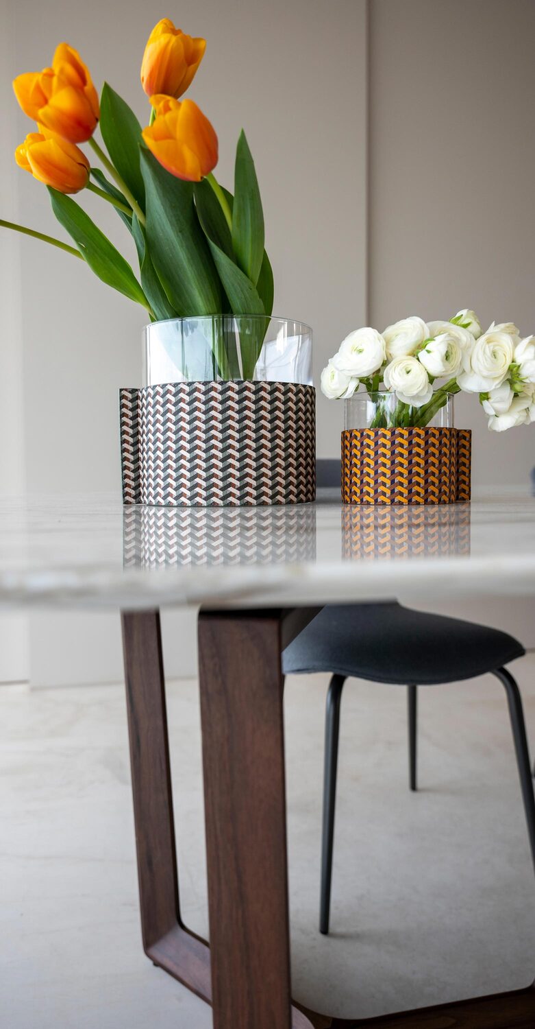 Leather Pot | Vase Leather Pot vase by Poltrona Frau, in woven leather, Italian craftsmanship and understated luxury