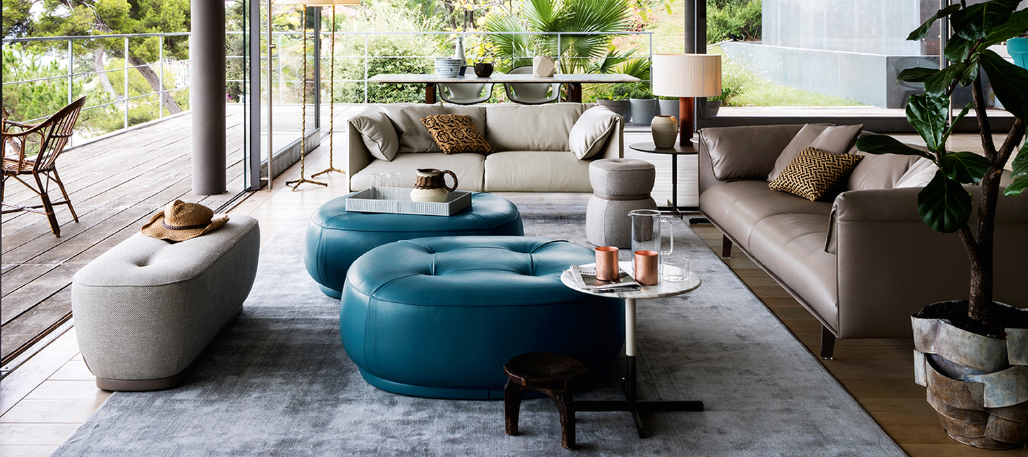 Leplì | Ottoman - 106x106cm Leplì Outdoor 106x106 ottoman by Poltrona Frau in taupe braided rope and aluminum, Italian luxury design