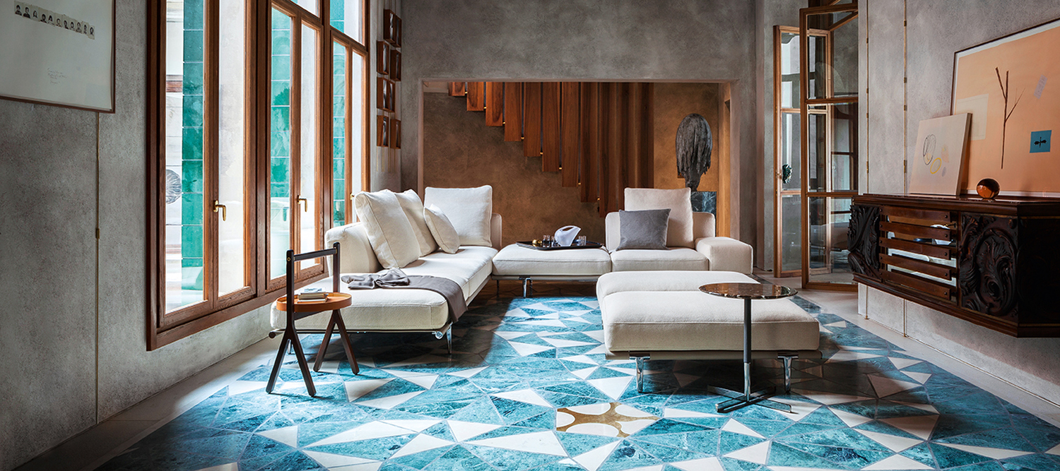 Let it Be | Sofa Let it Be modular sofa by Poltrona Frau in Pelle Frau® leather and saddle-leather, feather cushions suspended, Italian artisanal tradition of excellence
