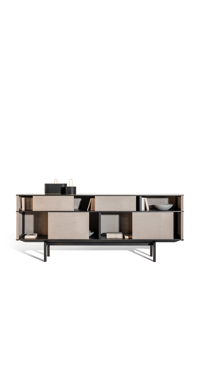 Lloyd Tex | High cabinet Lloyd Tex cabinet furniture by Poltrona Frau, Jean-Marie Massaud design, semi-transparent Light/Dark Techno-fabric panels, oak structure with matte lead finish, blend of tradition and innovation