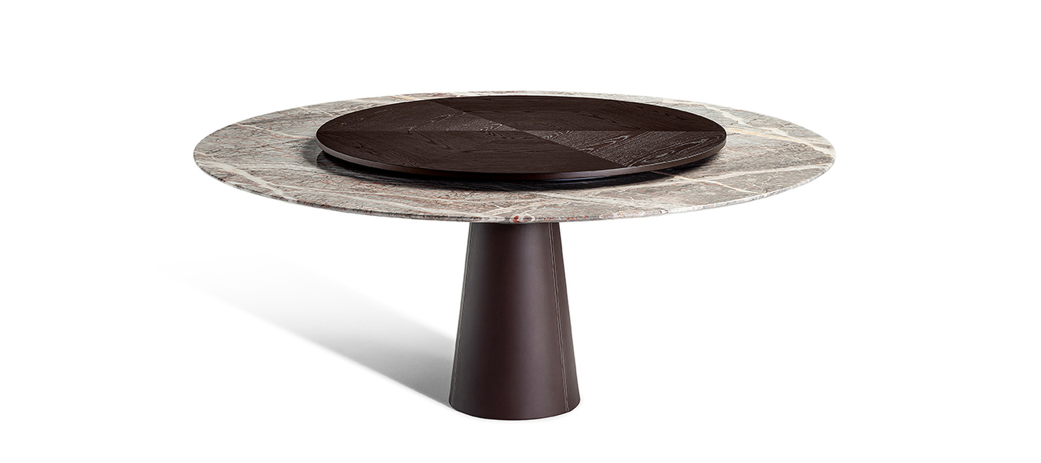 Mesa Due | Table with Lazy Susan Mesa Due Table with Lazy Susan by Poltrona Frau, round ash top moka or wengé finish, rotating accessory, base in Pietra Serena or covered in Pelle Frau® or Saddle Extra, outstanding Italian design