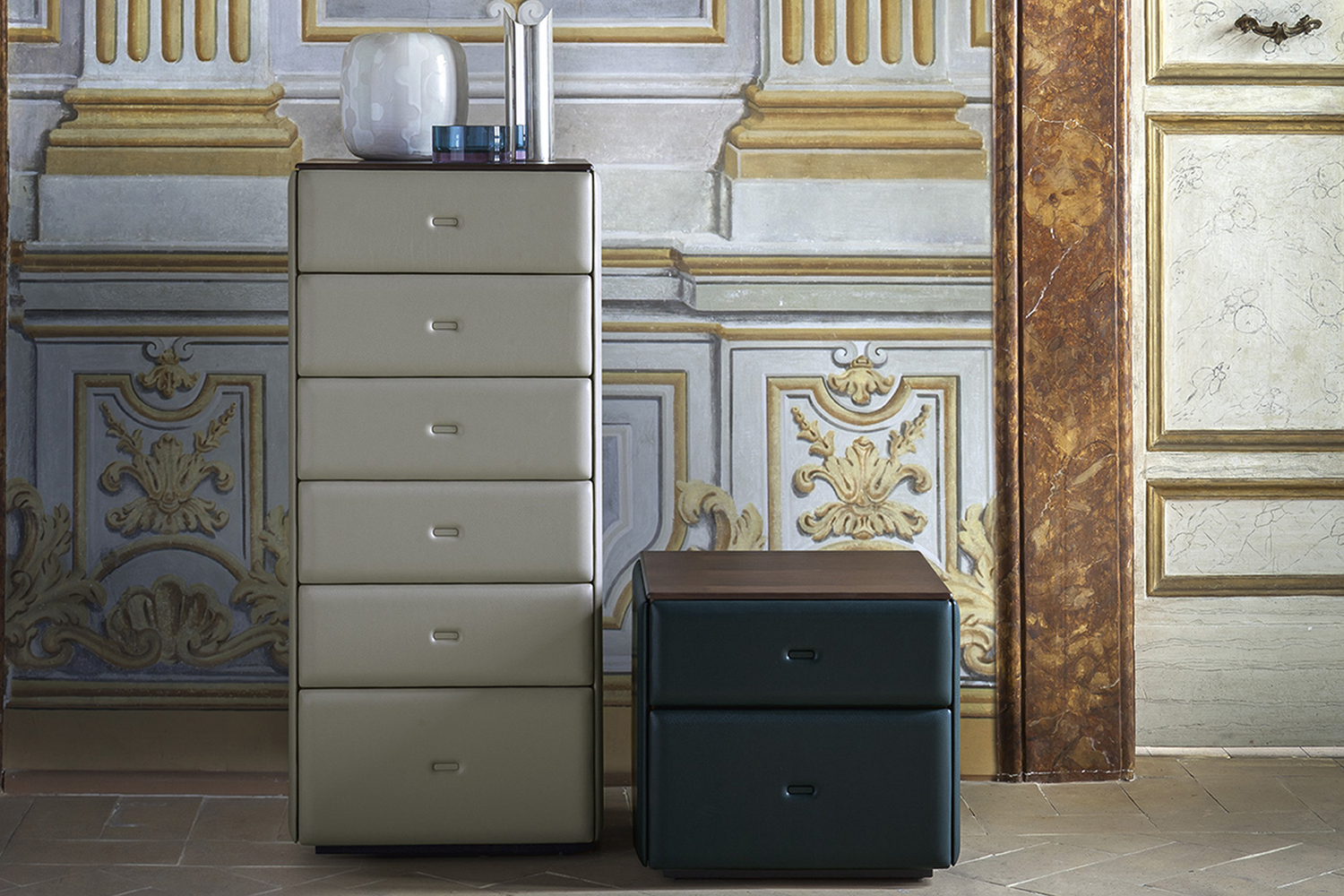 Moondance | High drawer chest Moondance high chest of drawers by Poltrona Frau, hand-upholstered in Pelle Frau® leather with a slender profile and Calacatta Oro marble top featuring natural veining, refined Italian design