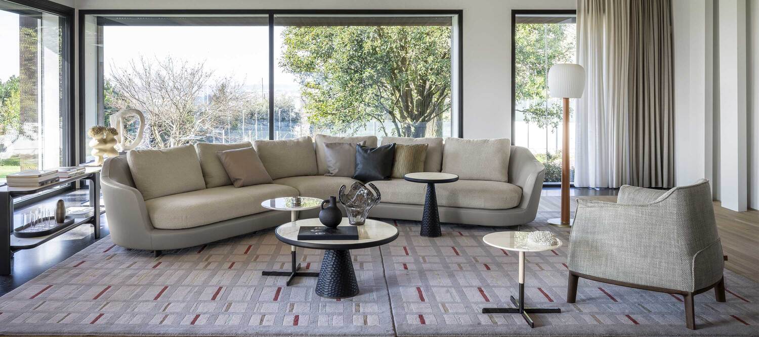 Nymph floor lamp by Poltrona Frau, ribbed blown glass shade, Pelle Frau® ColorSphere leather base, brass details and contrast stitching, design by Sebastian Herkner