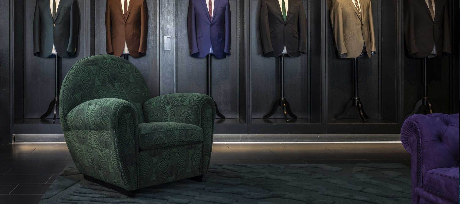 Ozwald Boateng x Poltrona Frau | Vanity Fair XC collection Vanity Fair XC OB–X PF armchair from the Ozwald Boateng x Poltrona Frau capsule collection, upholstered in Velvet Fabric Tribal with bold black pattern on vibrant colored background, icon of Italian luxury design