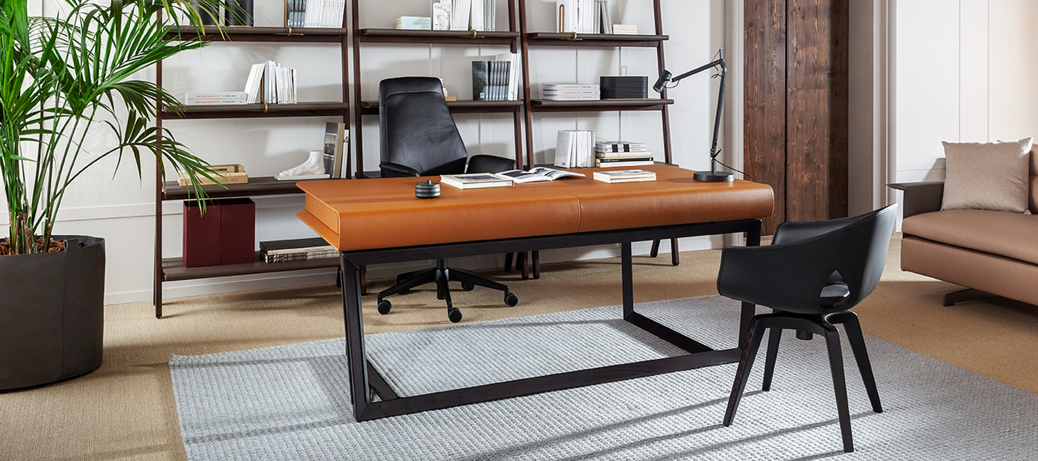 Peek-a-Book | Desk Peek-a-Book desk by Poltrona Frau in Pelle Frau® ColorSphere leather and moka ash, artisanal details, Italian luxury craftsmanship and design