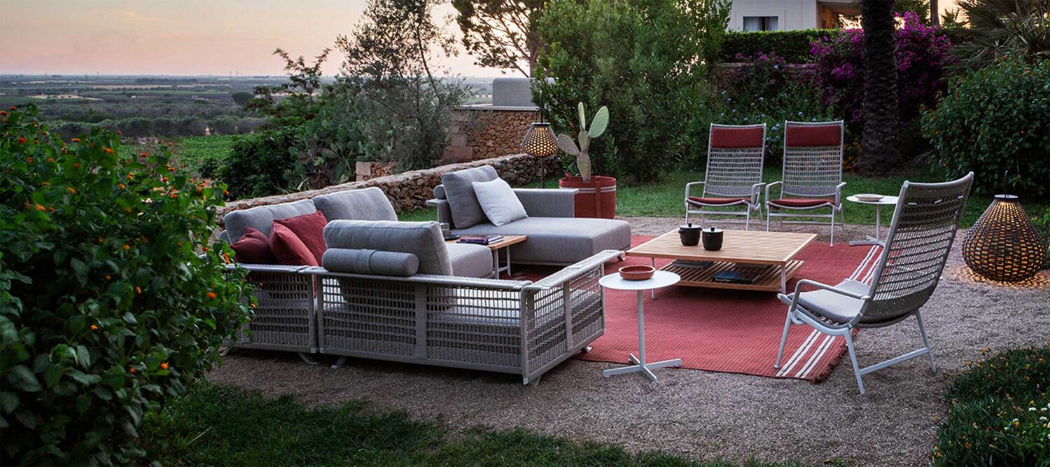 Solaria | Modular sofa Solaria modular outdoor sofa by Poltrona Frau, powder-coated stainless steel frame, handwoven rope, luxury Italian modular configurations
