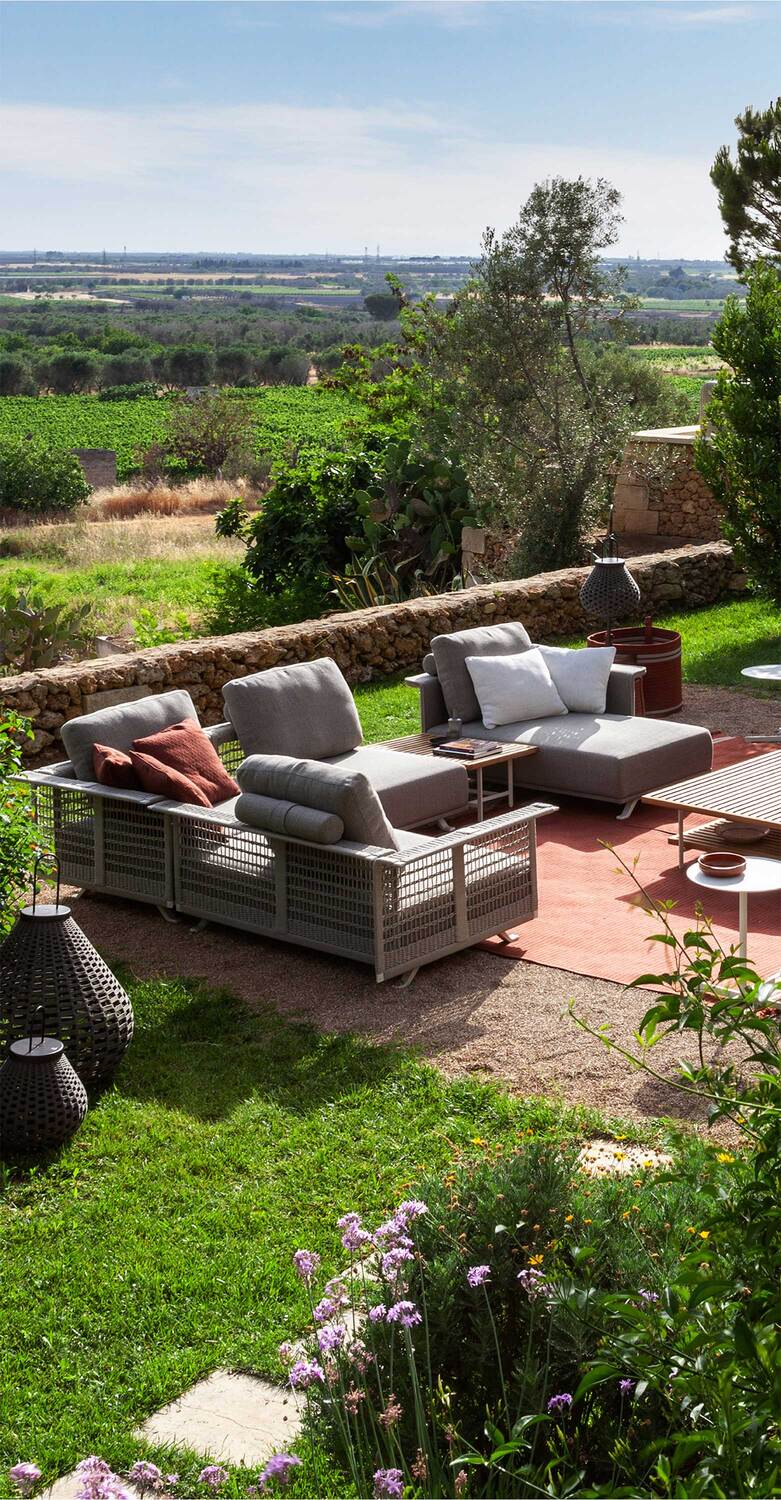 Solaria | Modular sofa Solaria modular outdoor sofa by Poltrona Frau, powder-coated stainless steel frame, handwoven rope, luxury Italian modular configurations
