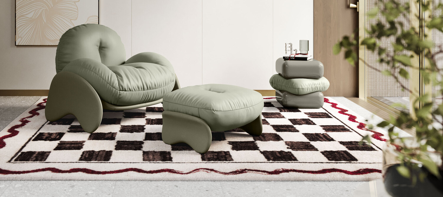 Squash | Teppiche Squash Teppich von Poltrona Frau, handgemaltes Schachbrettmuster, 100% handgeknüpfte Wolle, italienisches Luxusdesign