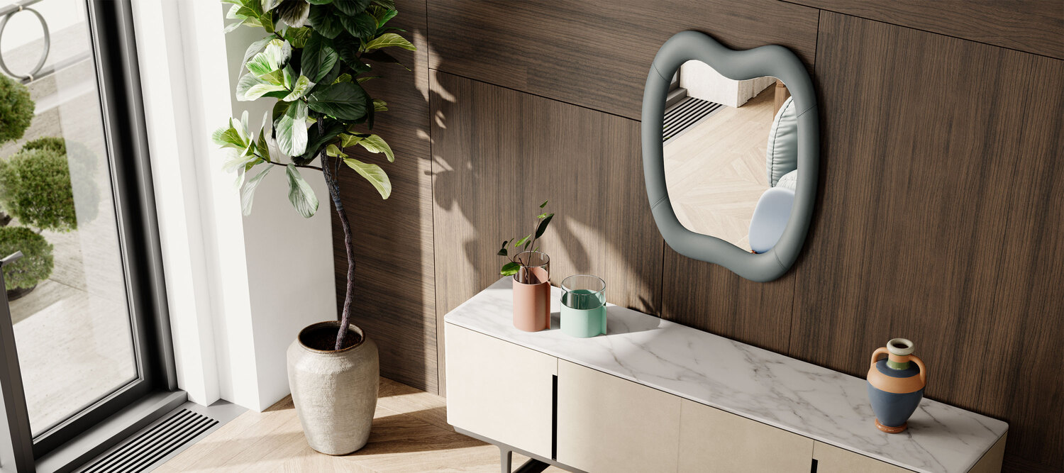 Squash | Miroir mural Miroir mural Squash Poltrona Frau, cadre courbé en cuir Pelle Frau® ColorSphere®, design artisanal italien de luxe
