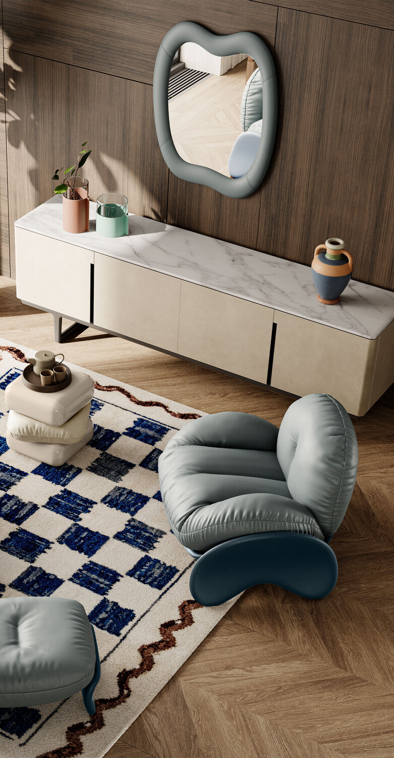 Squash | Miroir mural Miroir mural Squash Poltrona Frau, cadre courbé en cuir Pelle Frau® ColorSphere®, design artisanal italien de luxe