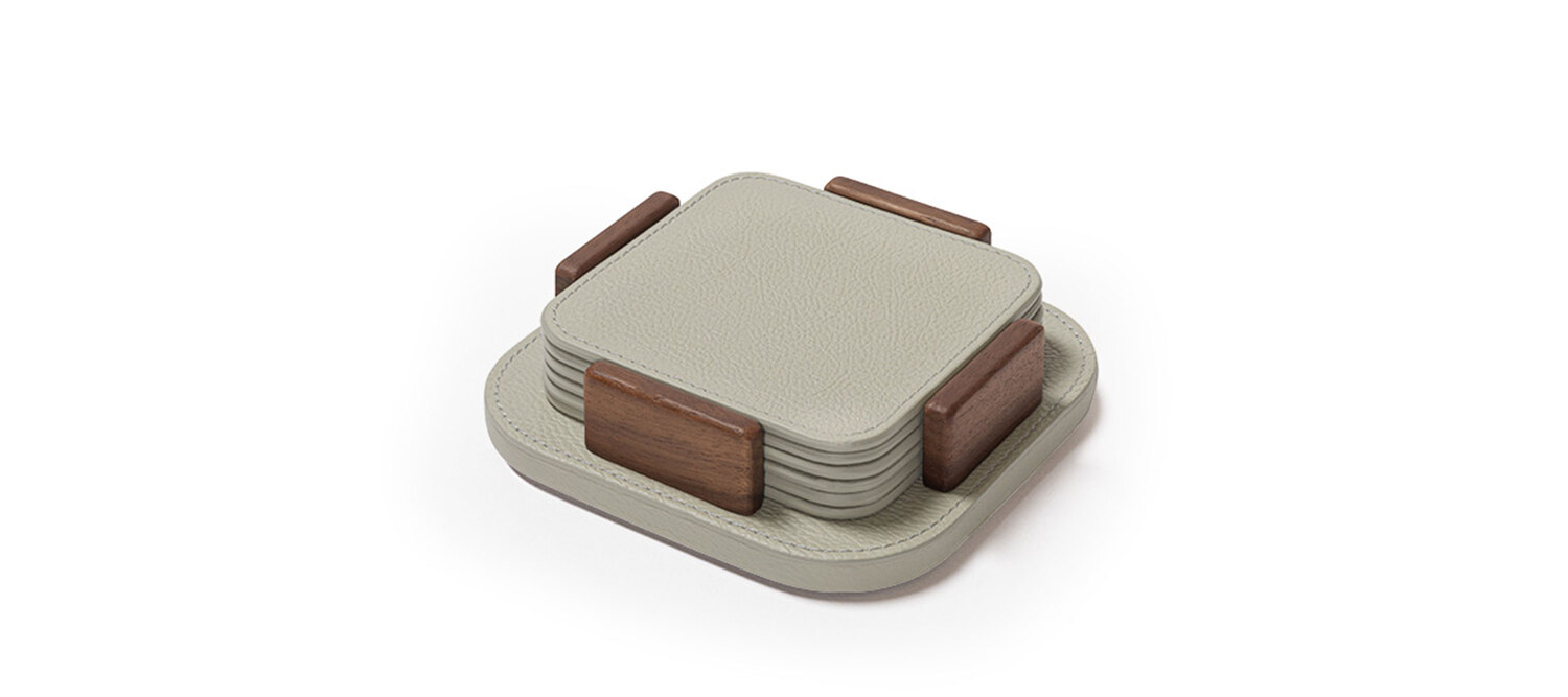 Tableware | Coaster + holder Tableware coaster holder by Poltrona Frau, square base in Pelle Frau® leather, wood details, Italian luxury craftsmanship and design