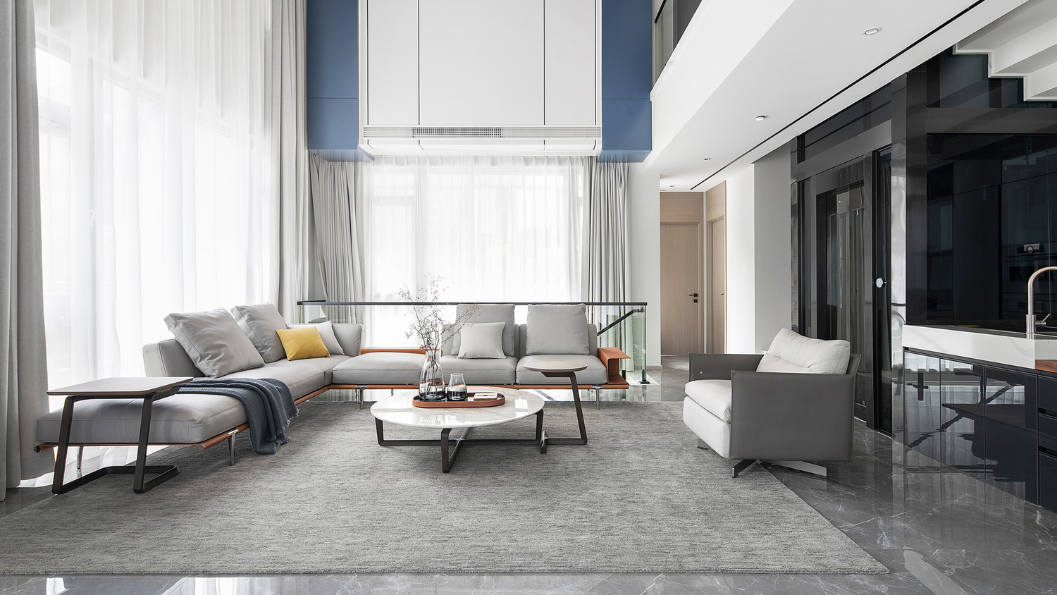 Wenzhou - Residential project Projet résidentiel à Wenzhou, Chine, avec meubles Poltrona Frau style Bauhaus minimaliste, tons bleus et gris inspirés du Golfe de Gascogne, design italien luxueux